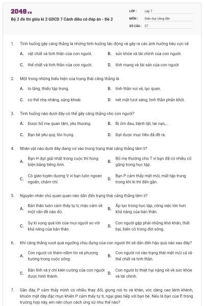 Bộ 2 đề thi giữa kì 2 GDCD 7 Cánh diều có đáp án - Đề 2