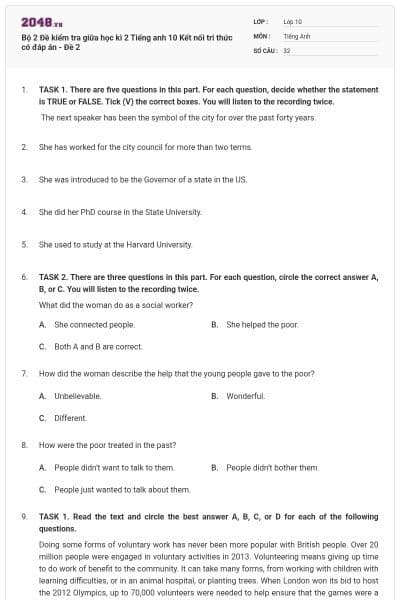 Bộ 2 Đề kiểm tra giữa học kì 2 Tiếng anh 10 Kết nối tri thức có đáp án - Đề 2