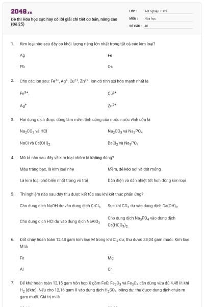 Đề thi Hóa học cực hay có lời giải chi tiết cơ bản, nâng cao (Đề 25)