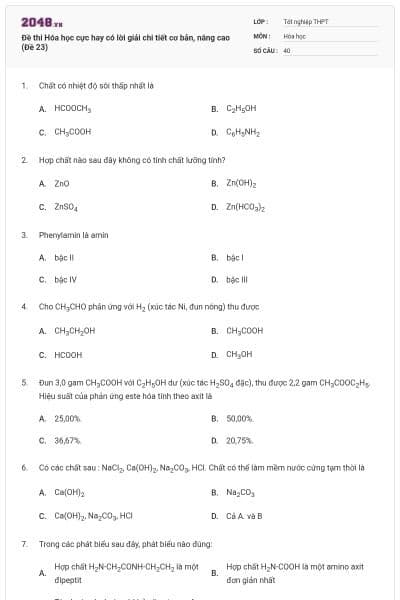 Đề thi Hóa học cực hay có lời giải chi tiết cơ bản, nâng cao (Đề 23)
