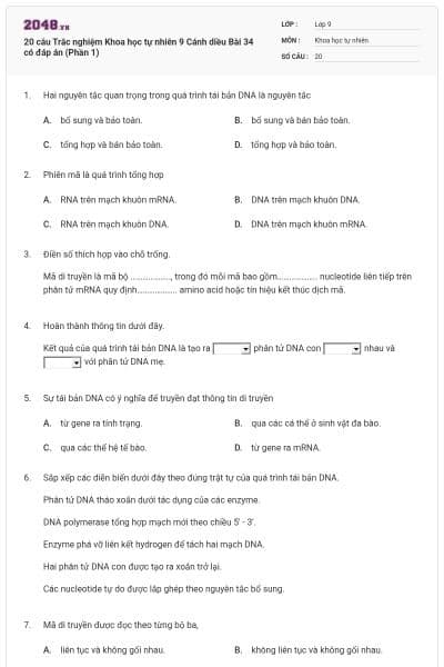 20 câu Trắc nghiệm Khoa học tự nhiên 9 Cánh diều Bài 34 có đáp án (Phần 1)