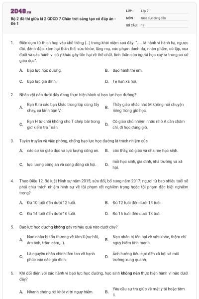 Bộ 2 đề thi giữa kì 2 GDCD 7 Chân trời sáng tạo có đáp án - Đề 1