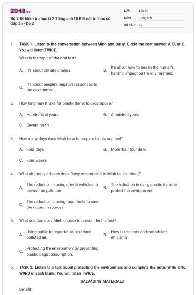 Bộ 2 Đề kiểm tra học kì 2 Tiếng anh 10 Kết nối tri thức có đáp án - Đề 2