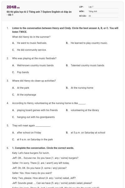 Đề thi giữa học kì 2 Tiếng anh 7 Explore English có đáp án - Đề 1