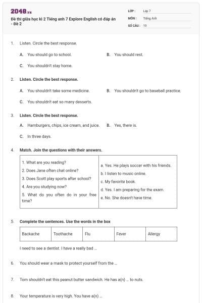 Đề thi giữa học kì 2 Tiếng anh 7 Explore English có đáp án - Đề 2