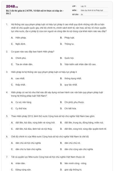 Bộ 2 đề thi giữa kì 2 KTPL 10 Kết nối tri thức có đáp án - Đề 2