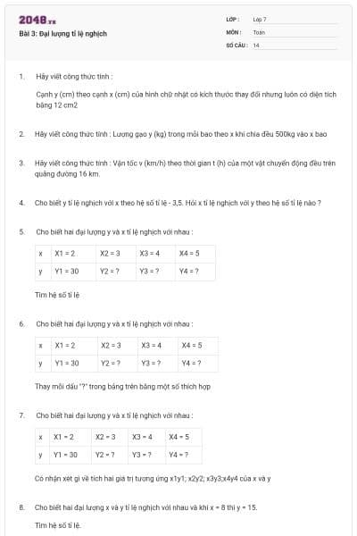 Bài 3: Đại lượng tỉ lệ nghịch