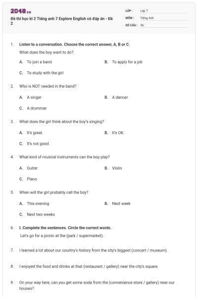 Đề thi học kì 2 Tiếng anh 7 Explore English có đáp án - Đề 2