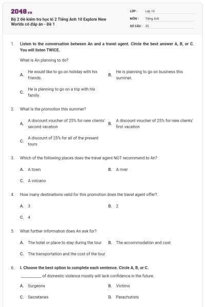 Bộ 2 Đề kiểm tra học kì 2 Tiếng Anh 10 Explore New Worlds có đáp án - Đề 1