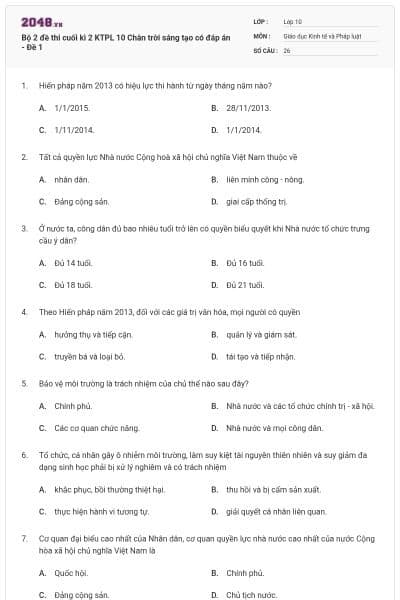 Bộ 2 đề thi cuối kì 2 KTPL 10 Chân trời sáng tạo có đáp án - Đề 1