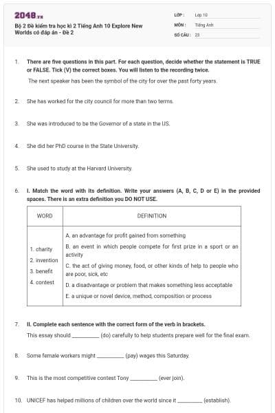 Bộ 2 Đề kiểm tra học kì 2 Tiếng Anh 10 Explore New Worlds có đáp án - Đề 2