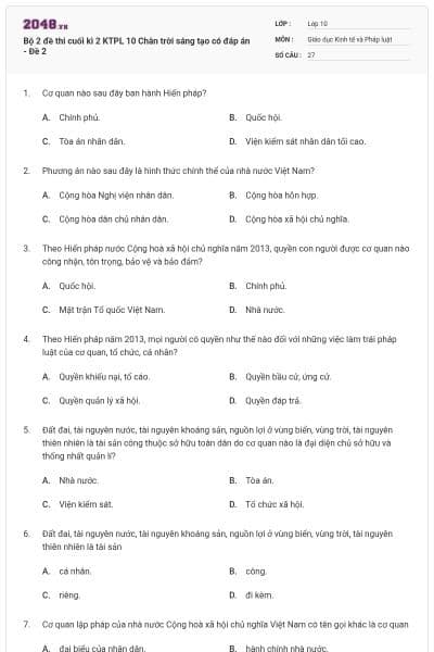 Bộ 2 đề thi cuối kì 2 KTPL 10 Chân trời sáng tạo có đáp án - Đề 2