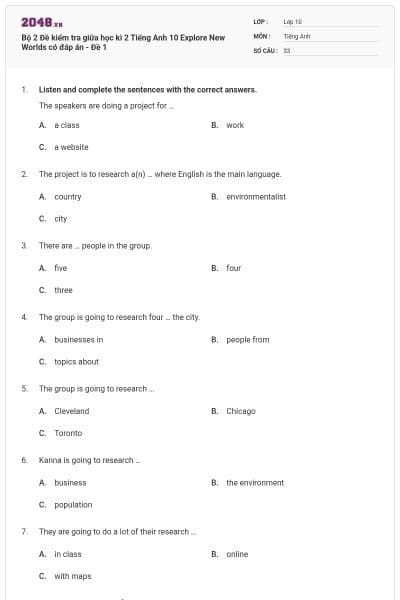 Bộ 2 Đề kiểm tra giữa học kì 2 Tiếng Anh 10 Explore New Worlds có đáp án - Đề 1