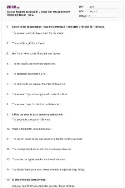 Bộ 2 Đề kiểm tra giữa học kì 2 Tiếng Anh 10 Explore New Worlds có đáp án - Đề 2