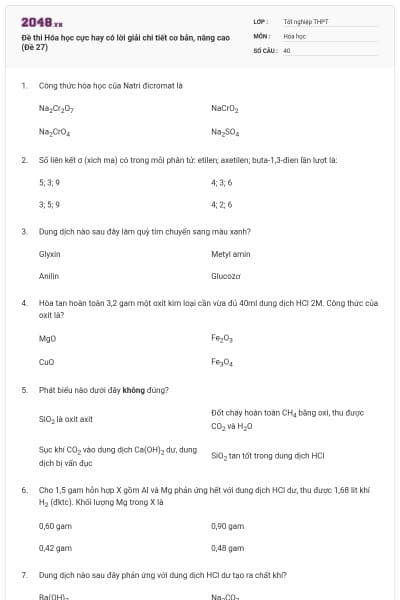 Đề thi Hóa học cực hay có lời giải chi tiết cơ bản, nâng cao (Đề 27)