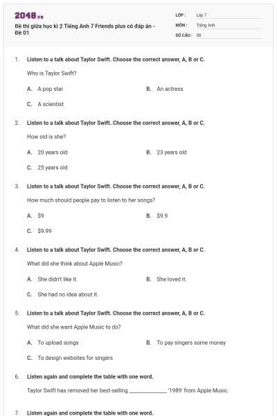 Đề thi giữa học kì 2 Tiếng Anh 7 Friends plus có đáp án - Đề 01