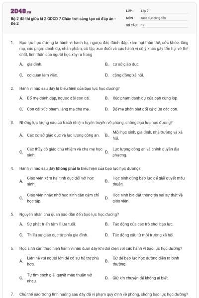 Bộ 2 đề thi giữa kì 2 GDCD 7 Chân trời sáng tạo có đáp án - Đề 2