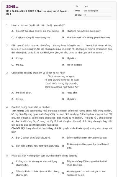Bộ 2 đề thi cuối kì 2 GDCD 7 Chân trời sáng tạo có đáp án  - Đề 1