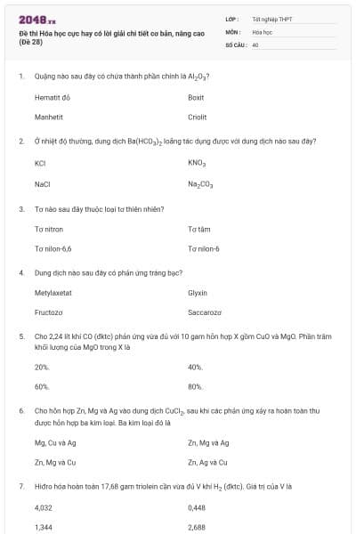 Đề thi Hóa học cực hay có lời giải chi tiết cơ bản, nâng cao (Đề 28)