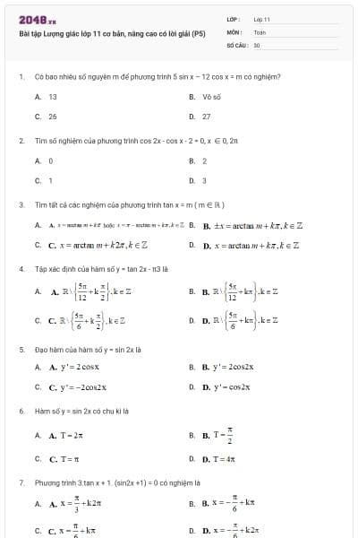 Bài tập Lượng giác lớp 11 cơ bản, nâng cao có lời giải (P5)