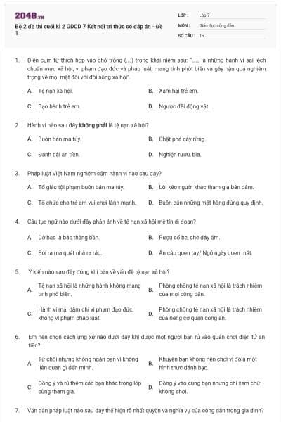 Bộ 2 đề thi cuối kì 2 GDCD 7 Kết nối tri thức có đáp án - Đề 1