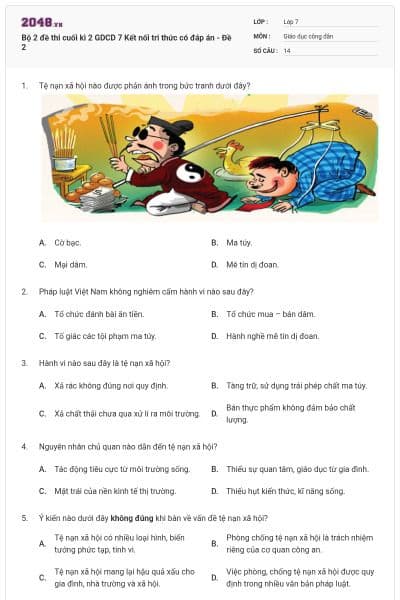 Bộ 2 đề thi cuối kì 2 GDCD 7 Kết nối tri thức có đáp án - Đề 2