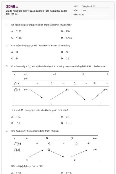 35 đề minh họa THPT Quốc gia môn Toán năm 2022 có lời giải (Đề 23)