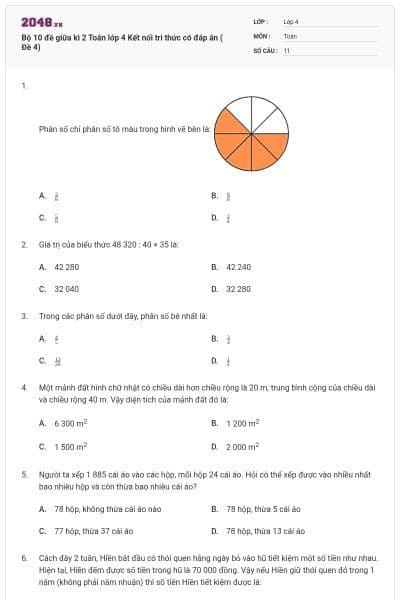 Bộ 10 đề giữa kì 2 Toán lớp 4 Kết nối tri thức có đáp án ( Đề 4)