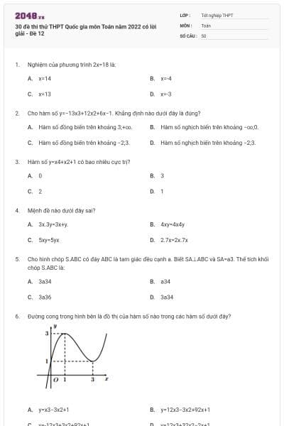 30 đề thi thử THPT Quốc gia môn Toán năm 2022 có lời giải - Đề 12