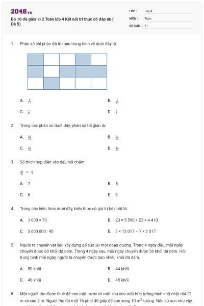 Bộ 10 đề giữa kì 2 Toán lớp 4 Kết nối tri thức có đáp án ( Đề 5)