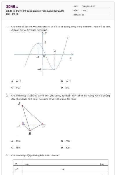 30 đề thi thử THPT Quốc gia môn Toán năm 2022 có lời giải - Đề 13