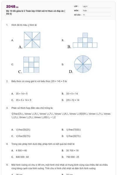 Bộ 10 đề giữa kì 2 Toán lớp 4 Kết nối tri thức có đáp án ( Đề 6)