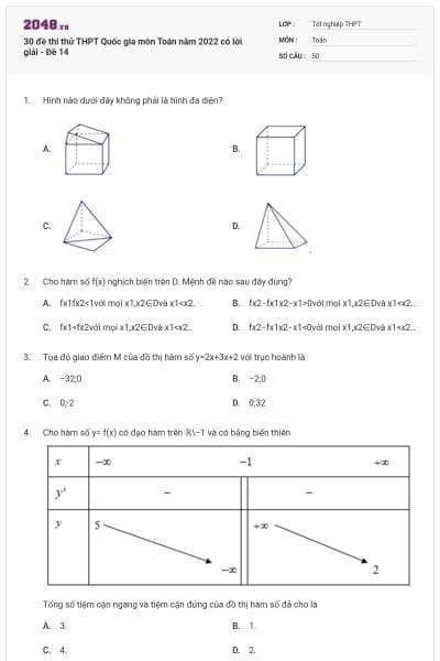 30 đề thi thử THPT Quốc gia môn Toán năm 2022 có lời giải - Đề 14