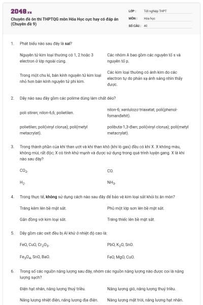 Chuyên đề ôn thi THPTQG môn Hóa Học cực hay có đáp án (Chuyên đề 9)