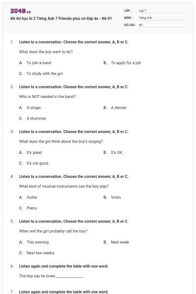 Đề thi học kì 2 Tiếng Anh 7 Friends plus có đáp án - Đề 01