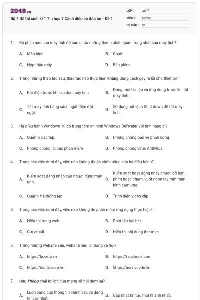 Bộ 4 đề thi cuối kì 1 Tin học 7 Cánh diều có đáp án - Đề 1