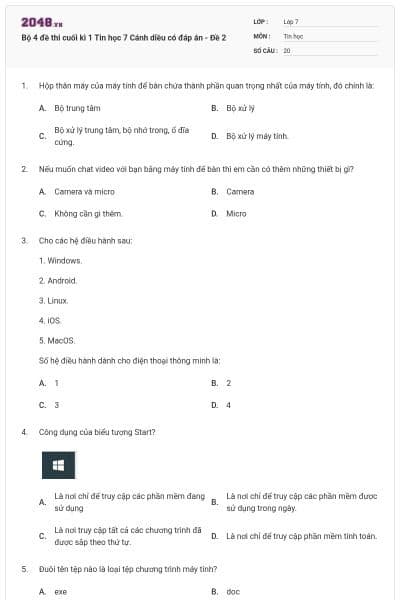 Bộ 4 đề thi cuối kì 1 Tin học 7 Cánh diều có đáp án - Đề 2