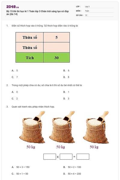 Bộ 15 Đề thi học kì 1 Toán lớp 3 Chân trời sáng tạo có đáp án (Đề 14)