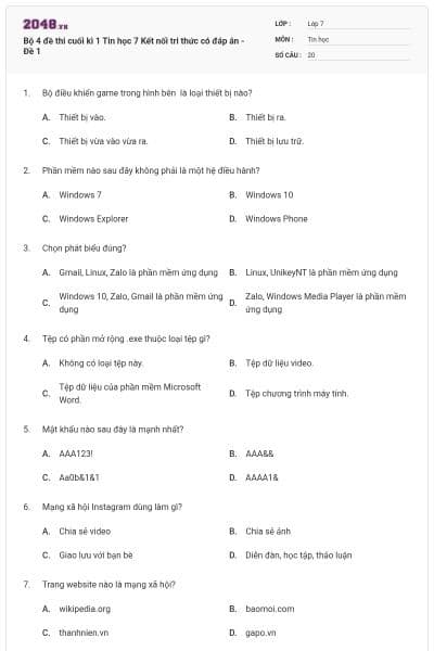 Bộ 4 đề thi cuối kì 1 Tin học 7 Kết nối tri thức có đáp án - Đề 1