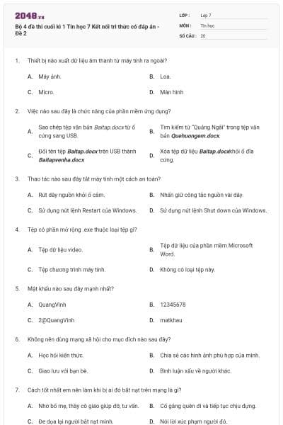 Bộ 4 đề thi cuối kì 1 Tin học 7 Kết nối tri thức có đáp án - Đề 2