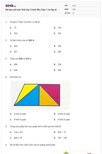 Bài tập cuối tuần Toán lớp 3 Cánh diều Tuần 1 có đáp án