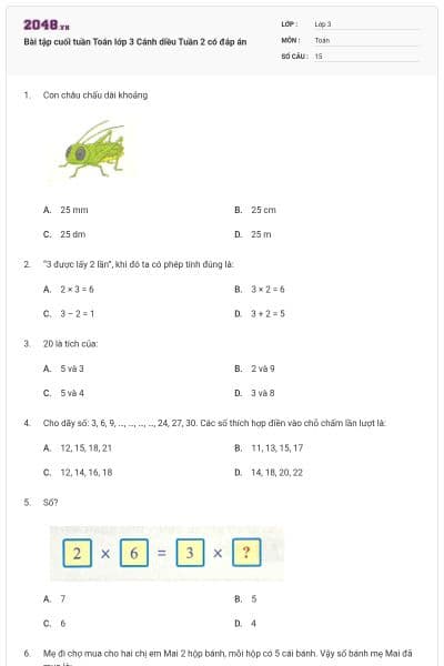 Bài tập cuối tuần Toán lớp 3 Cánh diều Tuần 2 có đáp án