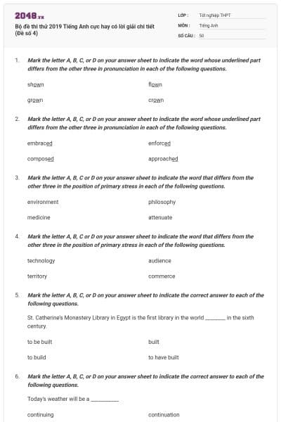 Bộ đề thi thử 2019 Tiếng Anh cực hay có lời giải chi tiết (Đề số 4)