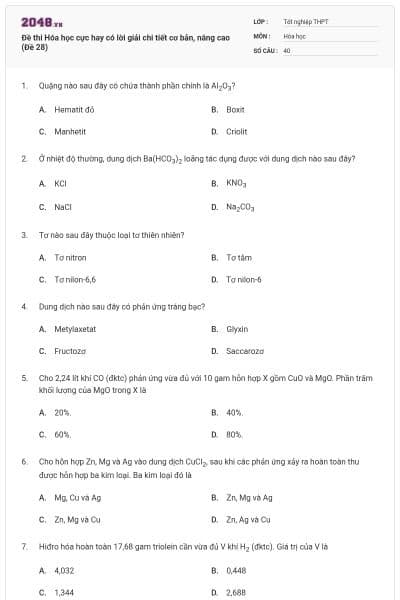 Đề thi Hóa học cực hay có lời giải chi tiết cơ bản, nâng cao (Đề 28)