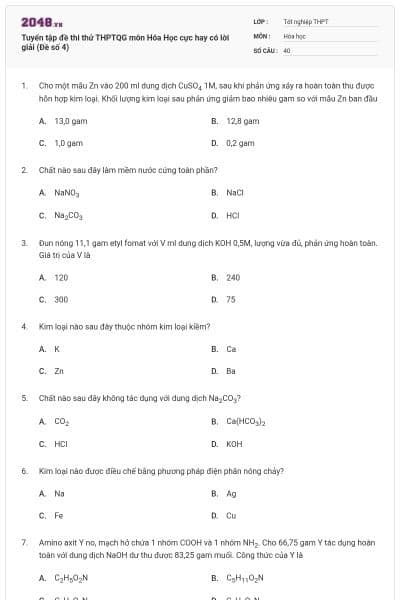 Tuyển tập đề thi thử THPTQG môn Hóa Học cực hay có lời giải (Đề số 4)