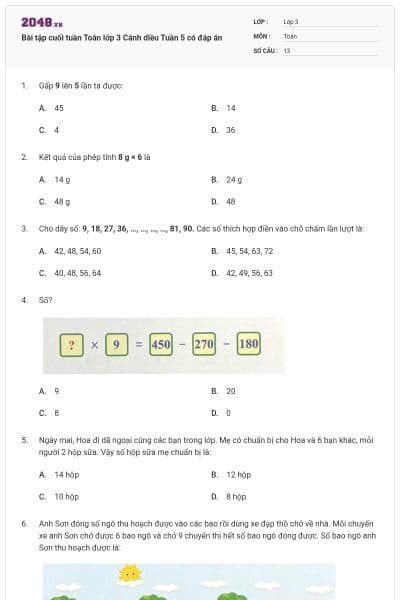 Bài tập cuối tuần Toán lớp 3 Cánh diều Tuần 5 có đáp án