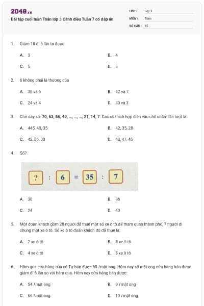 Bài tập cuối tuần Toán lớp 3 Cánh diều Tuần 7 có đáp án