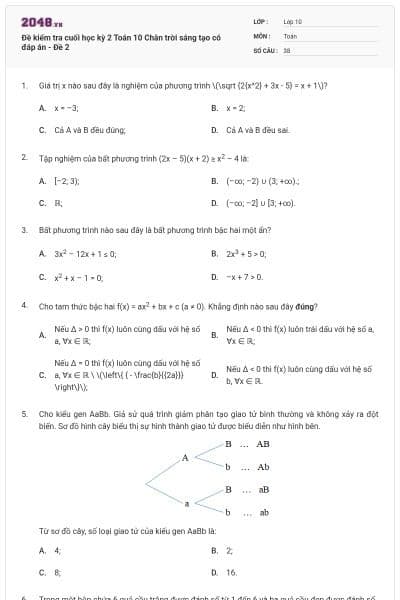 Đề kiểm tra cuối học kỳ 2 Toán 10 Chân trời sáng tạo có đáp án - Đề 2