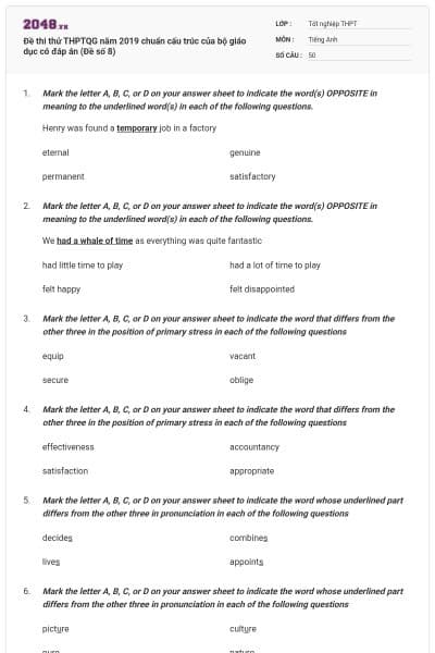 Đề thi thử THPTQG năm 2019 chuẩn cấu trúc của bộ giáo dục có đáp án (Đề số 8)