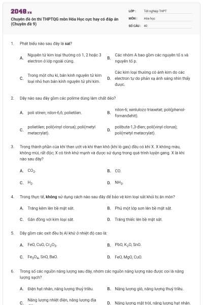 Chuyên đề ôn thi THPTQG môn Hóa Học cực hay có đáp án (Chuyên đề 9)